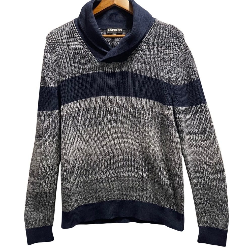 Express‎ Shawl Collar Sweater Mens Large Navy Gray Preppy Nautical Classic